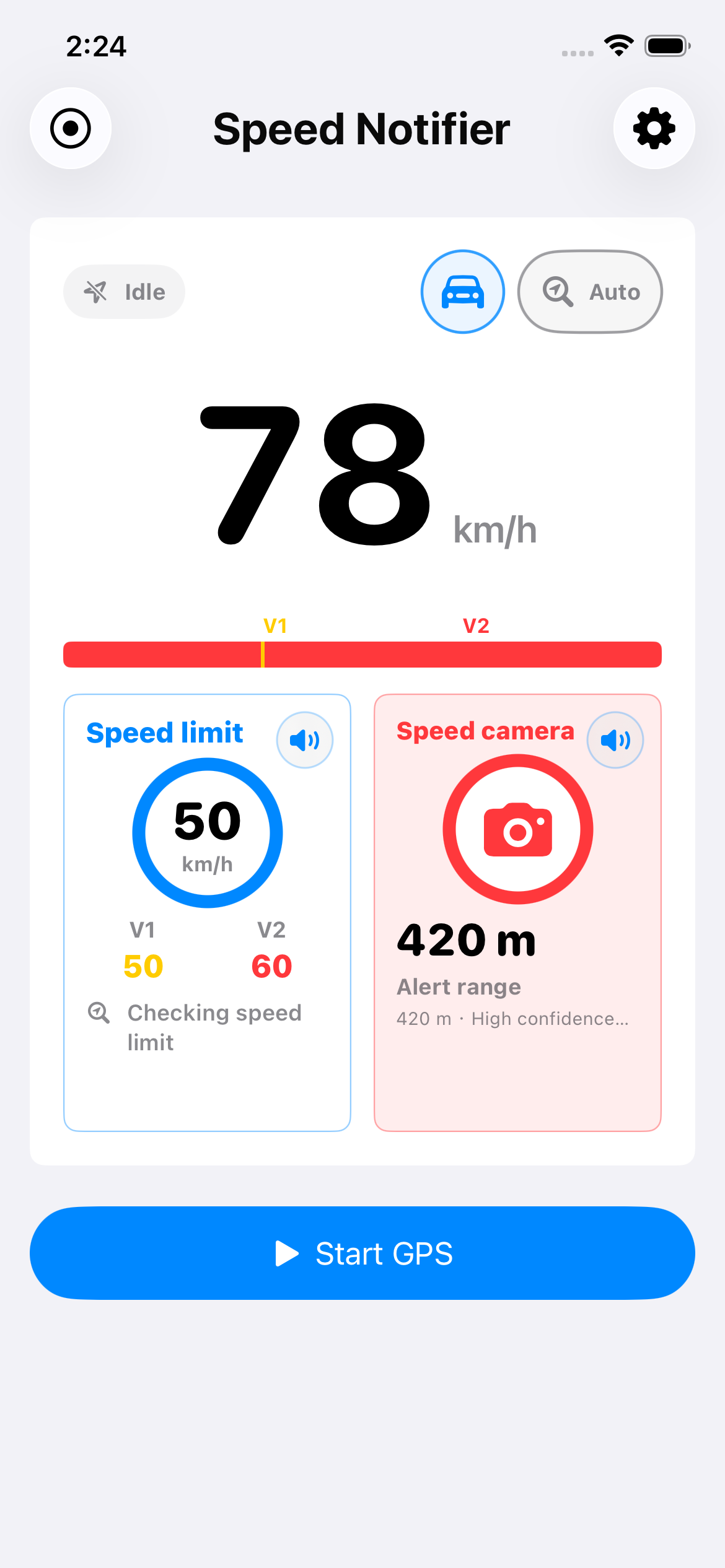 Speed Notifier 顯示時速 78、速限 50 與前方測速照相 420 公尺